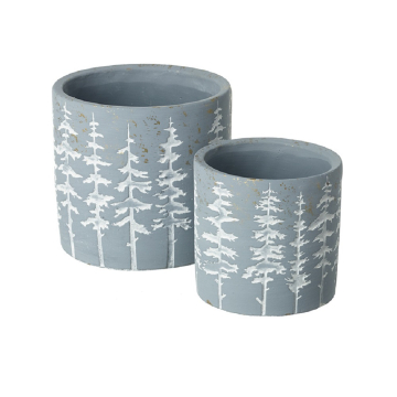 Set of 2 Rustic Grey Pots, 14cm/11cm. Christmas Tree Design