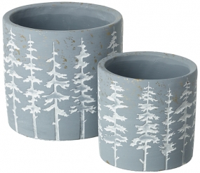 Set of 2 Rustic Grey Pots, 14cm/11cm. Christmas Tree Design
