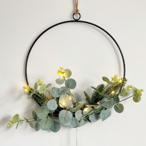 LED Hoop Half Wreath With Leaves and Lights, 50cm