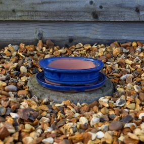Dark Blue Round Bonsai Pot & Saucer. 15cm x 13cm