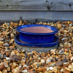 Dark Blue Round Bonsai Pot & Saucer. 21cm x 16cm.